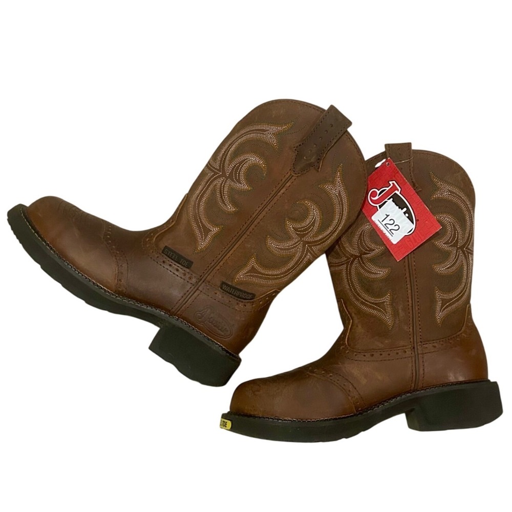 NWT Justin Steel Toe Waterproof Western Boots Brown Leather - Picture 2 of 4